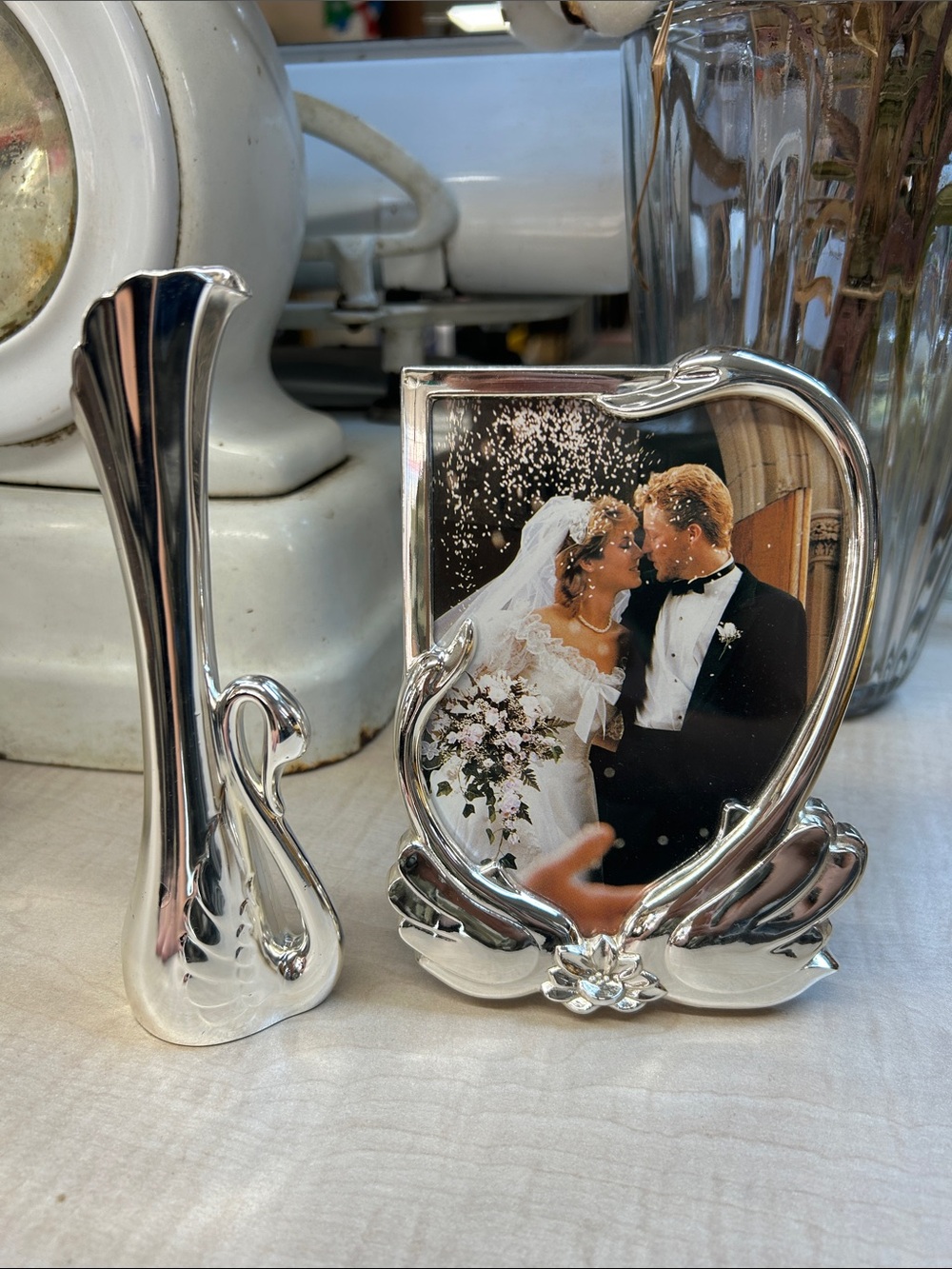 NWOT Vintage Silver Swan Heart Photo Frame & Bud Vase